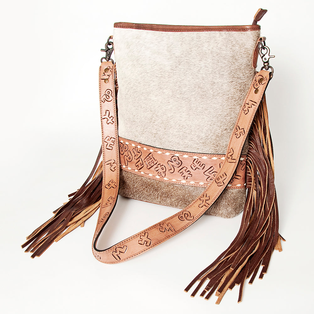 ADBG316 Hair-On Cowhide & Tooled Leather Western Large Crossbody Bag Fringe Crossbody