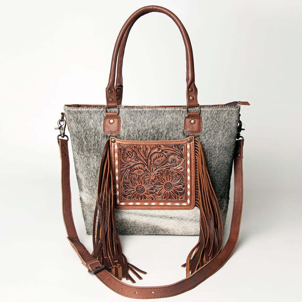 ADBG662 American Darling Hand Tooled Floral & Hair-On Cowhide Western Leather Tote Bag with Fringes