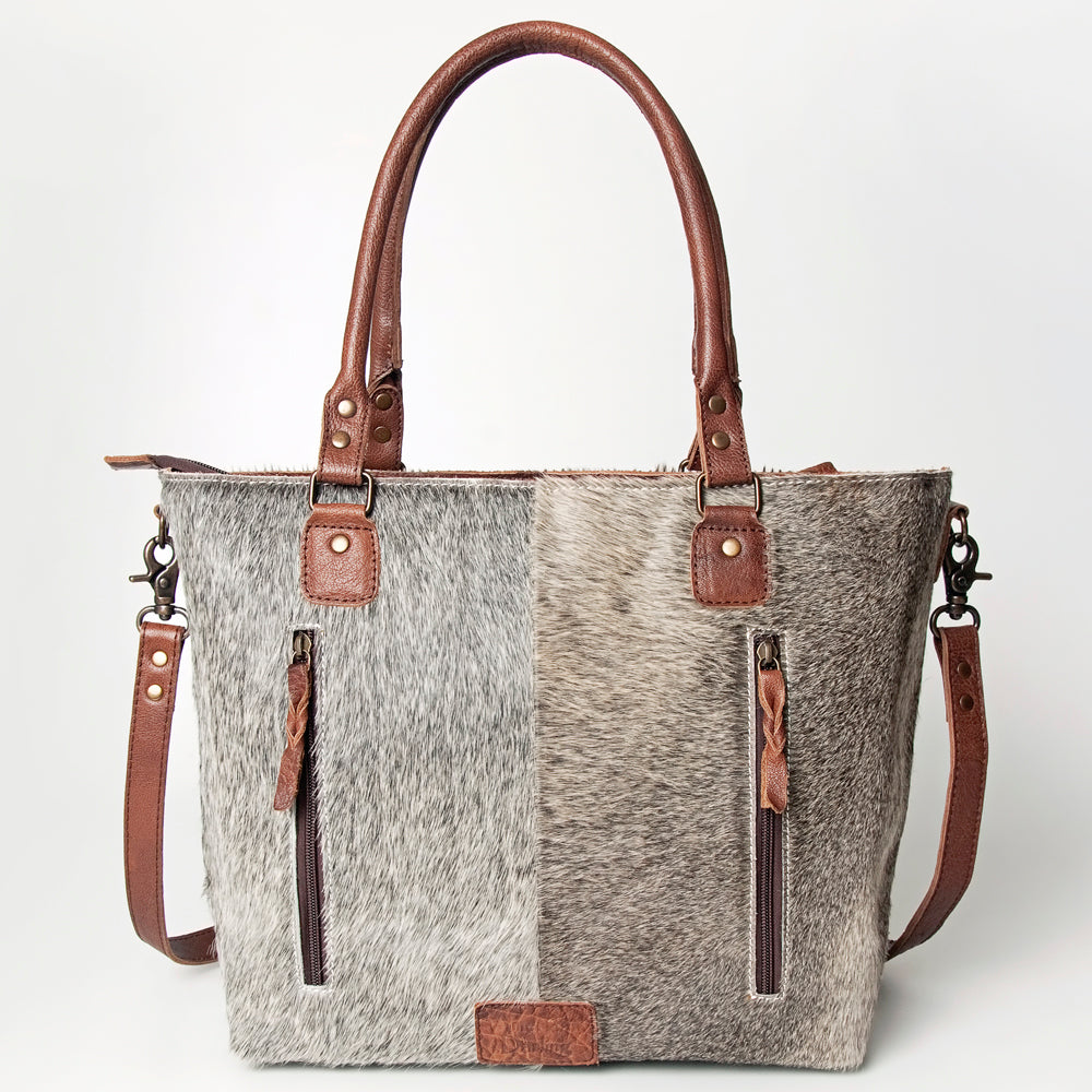 ADBG662 American Darling Hand Tooled Floral & Hair-On Cowhide Western Leather Tote Bag with Fringes
