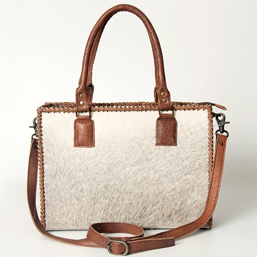 ADBGS118 Western Cowhide Tote -Hair-On Leather Bag with Braided Whipstitch & Strap