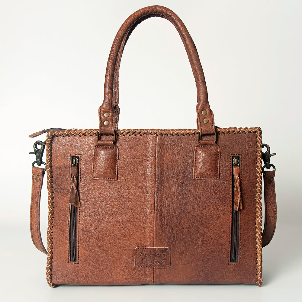 ADBGS118 Western Cowhide Tote -Hair-On Leather Bag with Braided Whipstitch & Strap