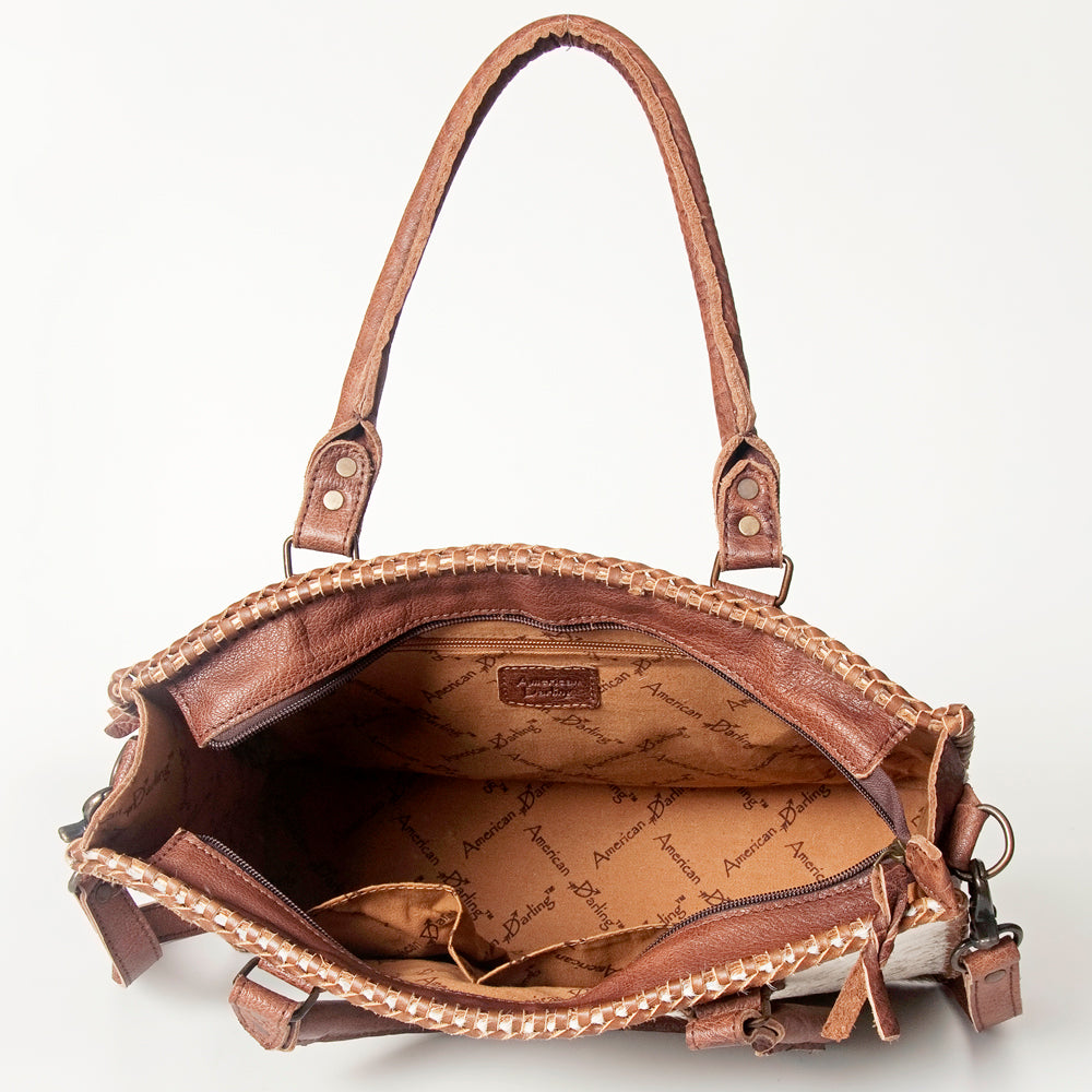 ADBGS118 Western Cowhide Tote -Hair-On Leather Bag with Braided Whipstitch & Strap