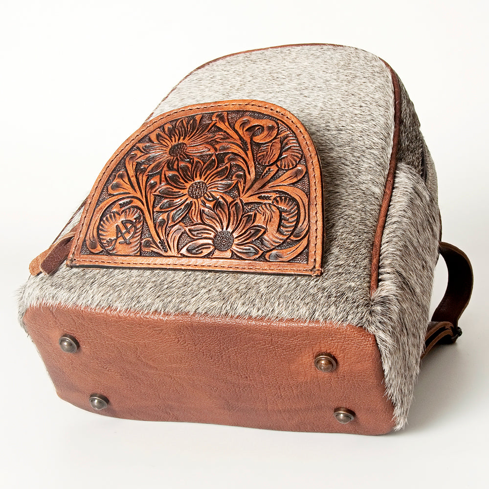 ADBGS156 Genuine Cowhide Leather Backpack with Hand-Tooled Floral Patch - Western Rodeo Style