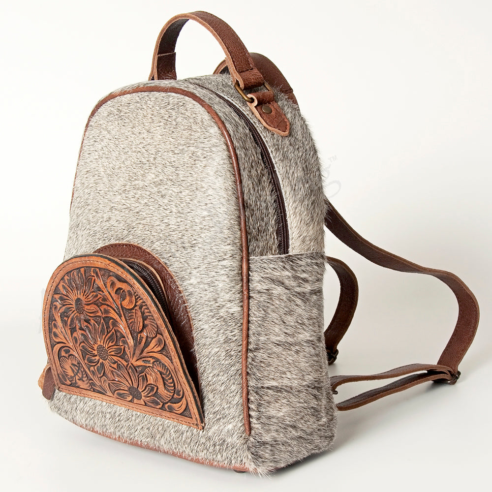 ADBGS156 Genuine Cowhide Leather Backpack with Hand-Tooled Floral Patch - Western Rodeo Style