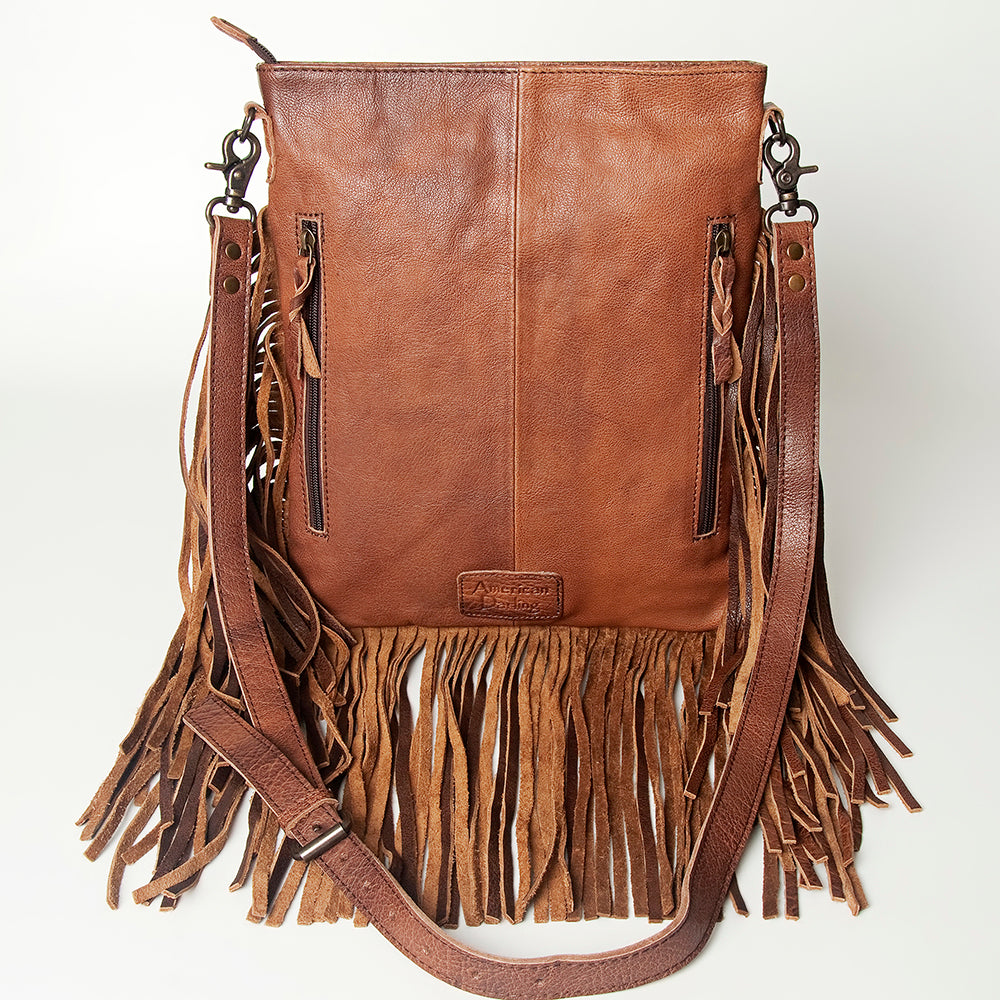 LC-ADBG719 Leather Fringe Crossbody Bag with Tooled Panel