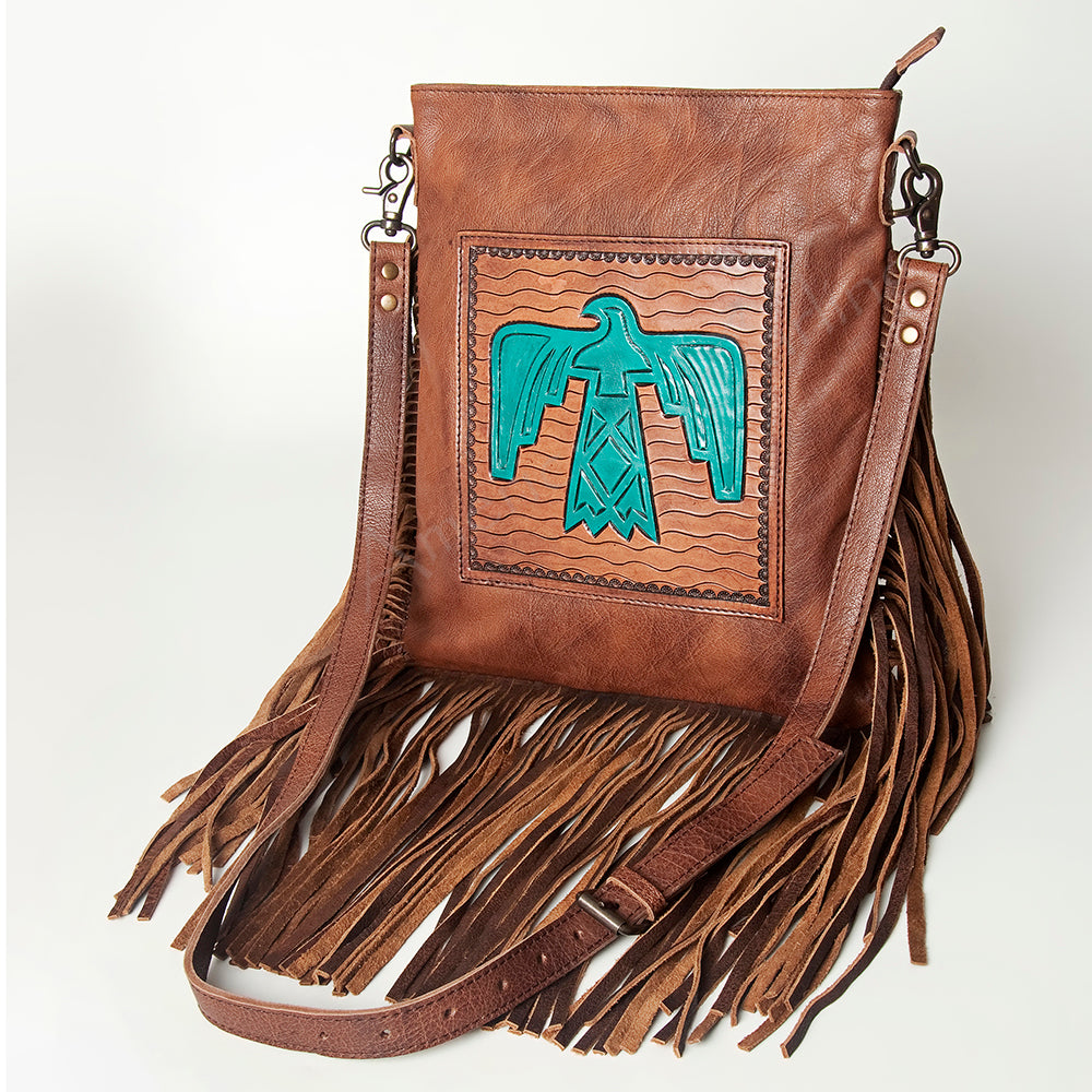 LC-ADBG719 Leather Fringe Crossbody Bag with Tooled Panel