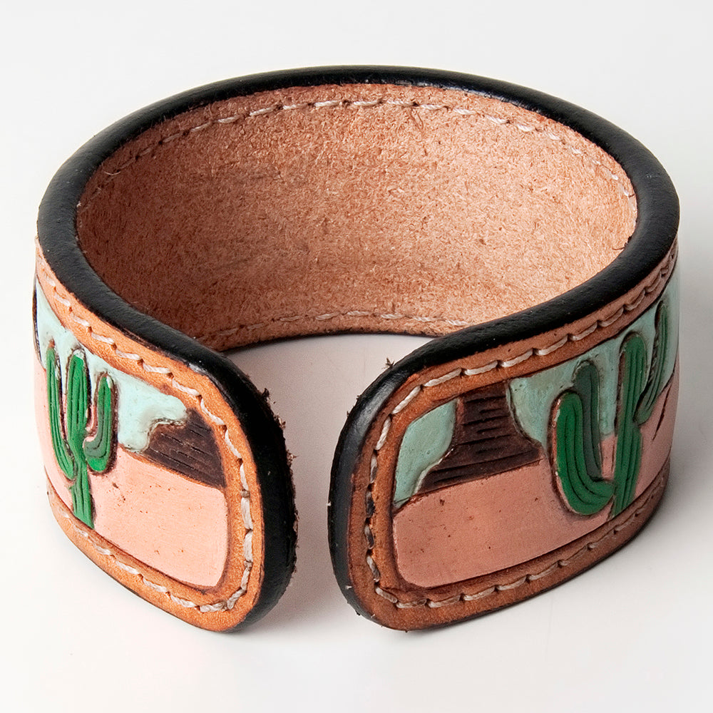 LC-ADBRF155 Hand Tooled Leather Cuff Bracelet - Desert Road Trip with Red Car & Cactus Scene