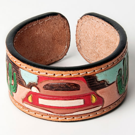 LC-ADBRF155 Hand Tooled Leather Cuff Bracelet - Desert Road Trip with Red Car & Cactus Scene