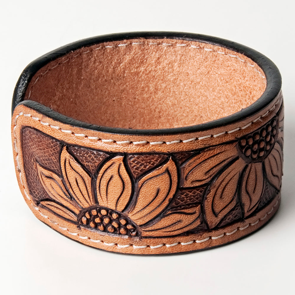 ADBRF156 Hand Tooled Leather Cuff Bracelet - Western Floral Design in Natural Tan