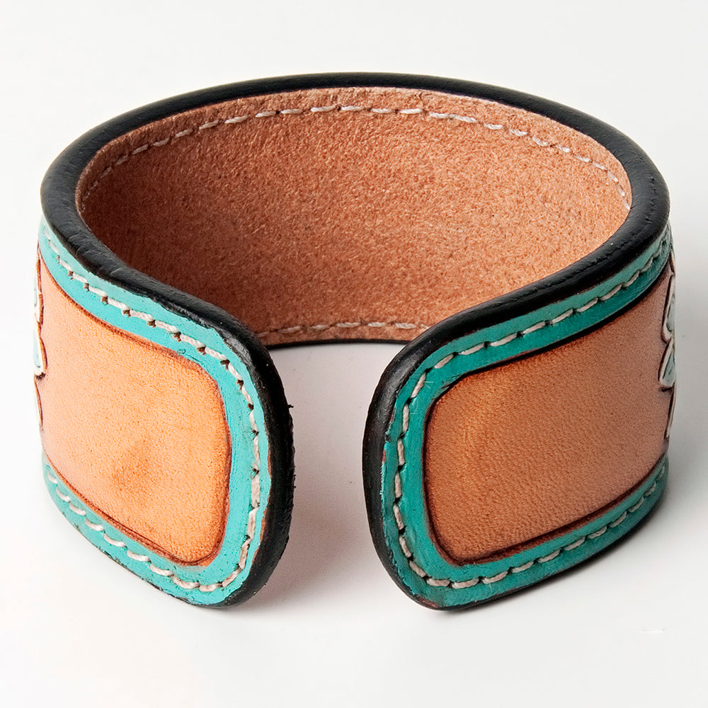 LC-ADBRF158 Turquoise Cactus & Flower Hand Tooled Leather Cuff Bracelet - Western Boho Style