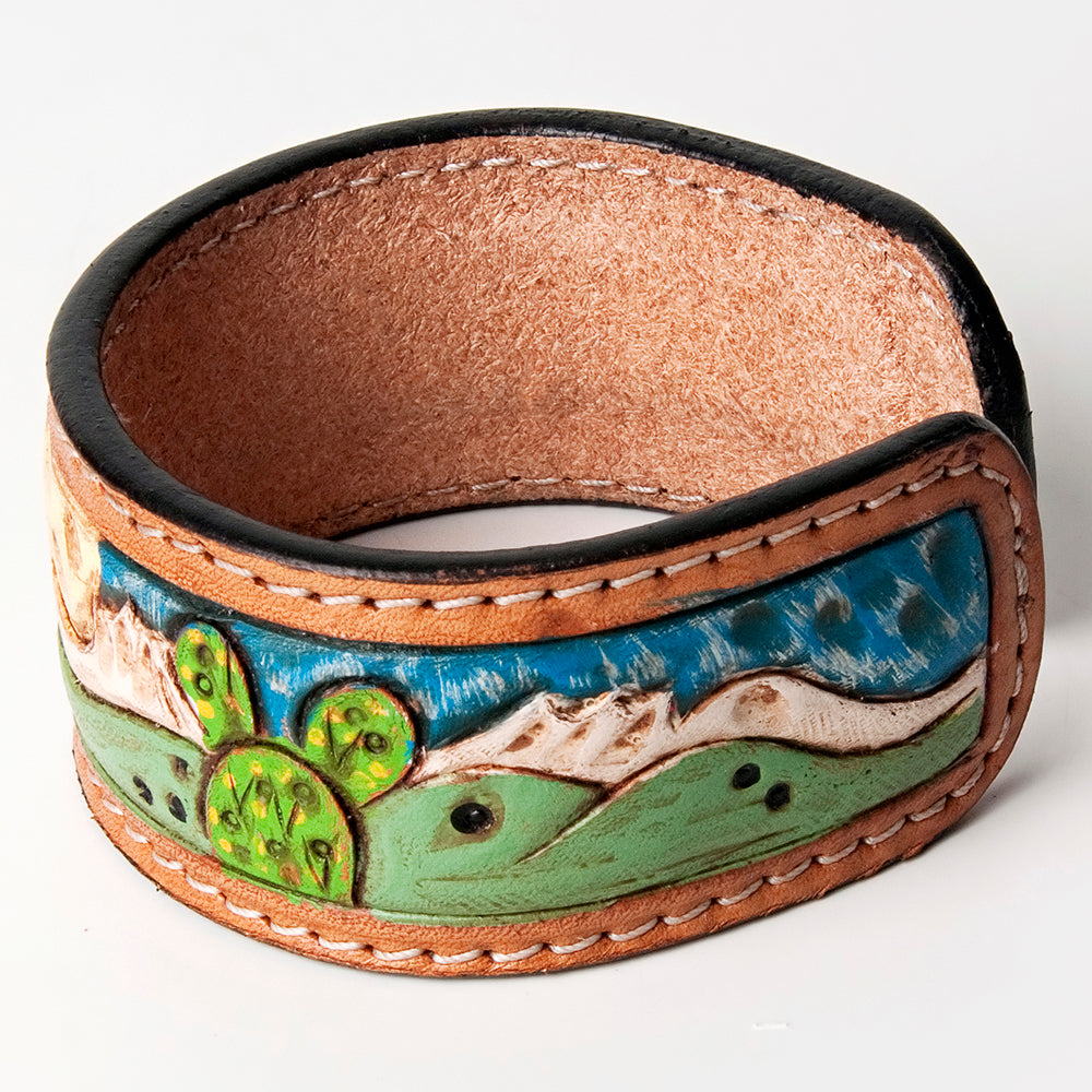 LC-ADBRF159 Desert Landscape Hand Tooled Leather Cuff Bracelet - Western Cactus Scene