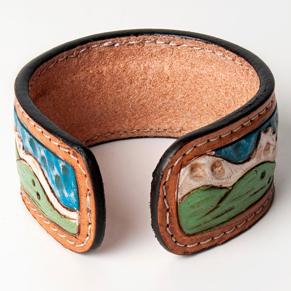 LC-ADBRF159 Desert Landscape Hand Tooled Leather Cuff Bracelet - Western Cactus Scene