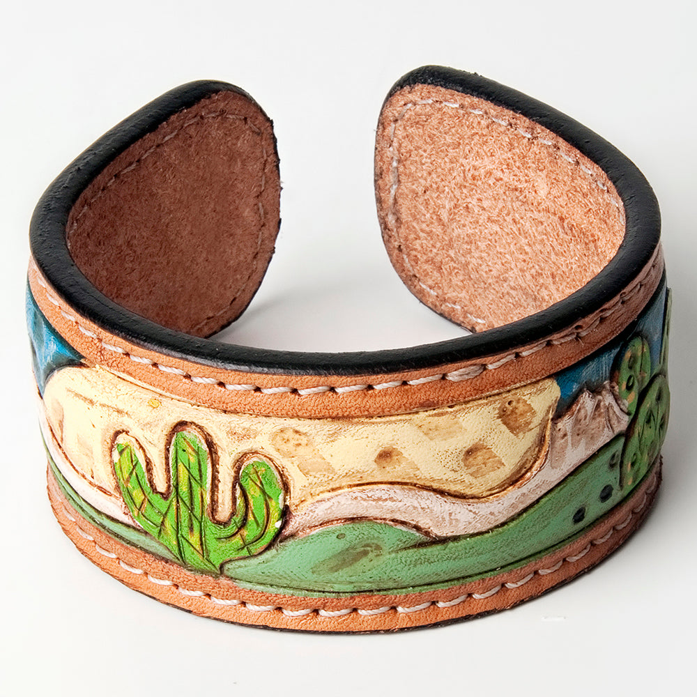 LC-ADBRF159 Desert Landscape Hand Tooled Leather Cuff Bracelet - Western Cactus Scene