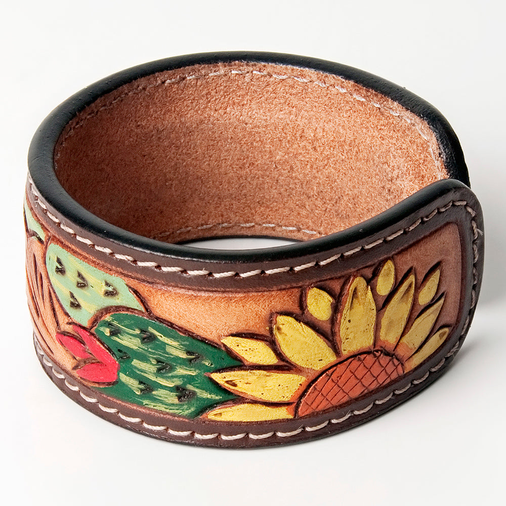 LC-ADBRF160 Cactus & Floral Hand Tooled Leather Cuff Bracelet - Western Desert Blooms