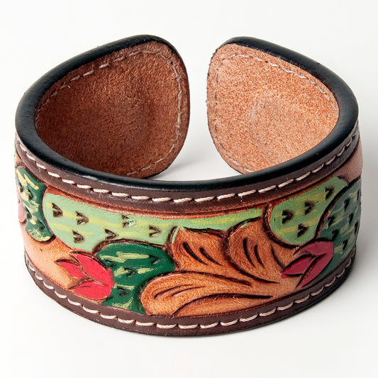LC-ADBRF160 Cactus & Floral Hand Tooled Leather Cuff Bracelet - Western Desert Blooms