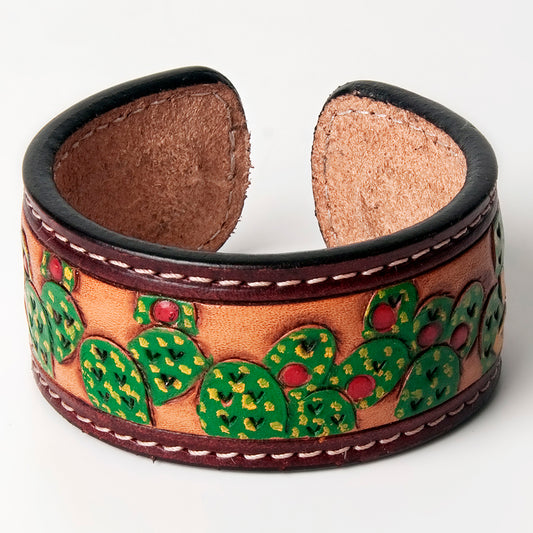 LC-ADBRF162 Prickly Pear Cactus Tooled Leather Cuff Bracelet - Handcrafted Western Jewelry
