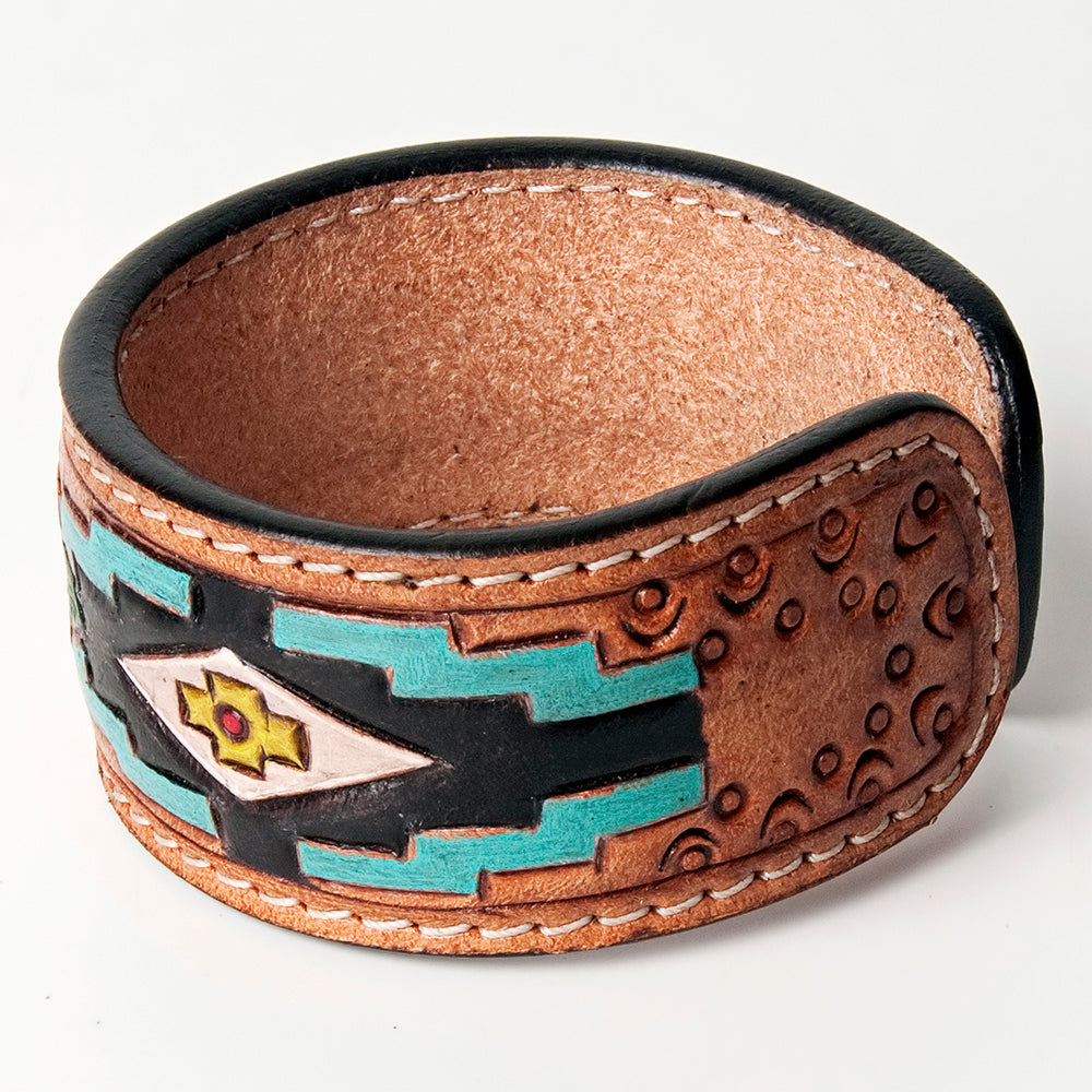 LC-ADBRF165 Red Rose & Southwestern Motif Tooled Leather Cuff Bracelet - Western Artisan Jewelry