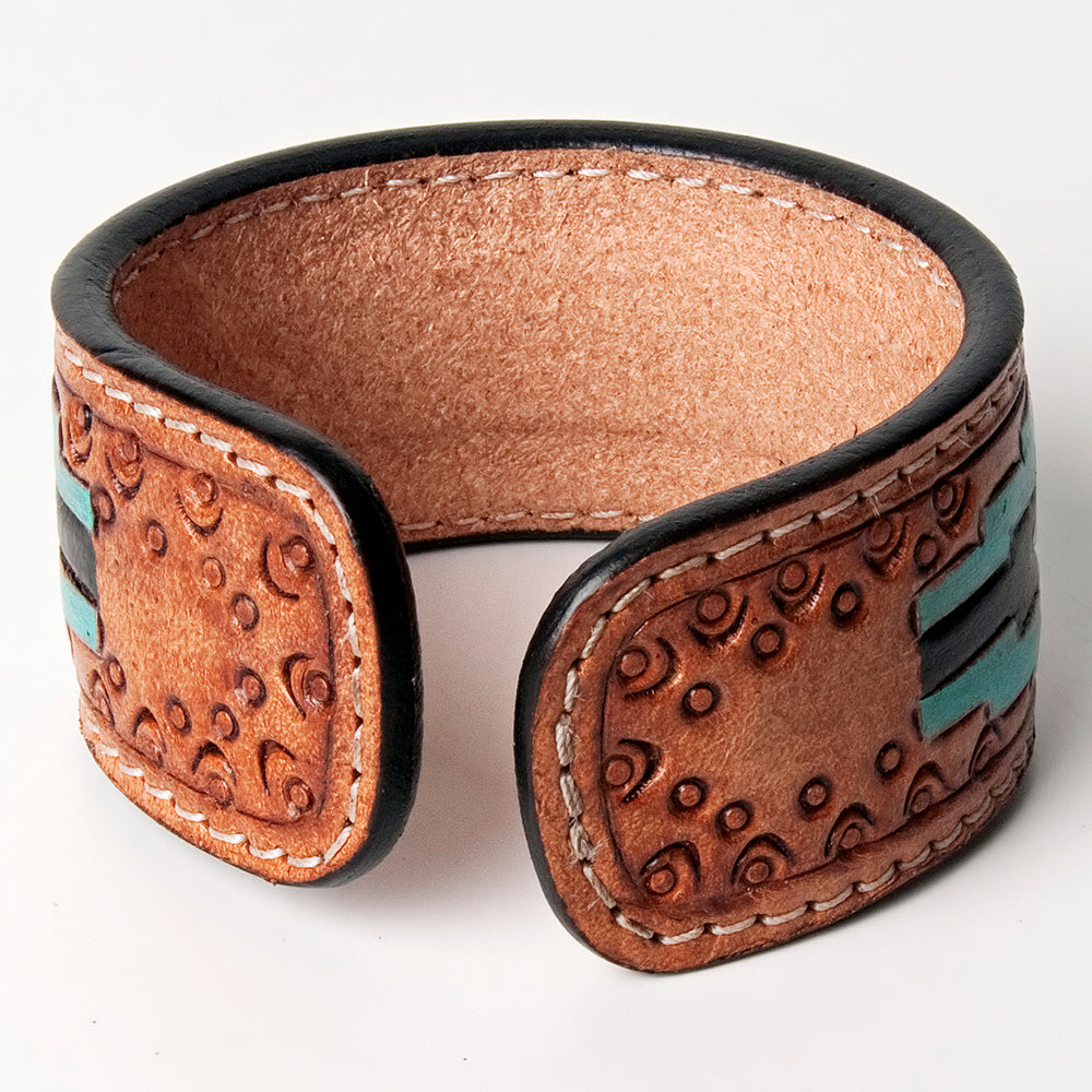 LC-ADBRF165 Red Rose & Southwestern Motif Tooled Leather Cuff Bracelet - Western Artisan Jewelry