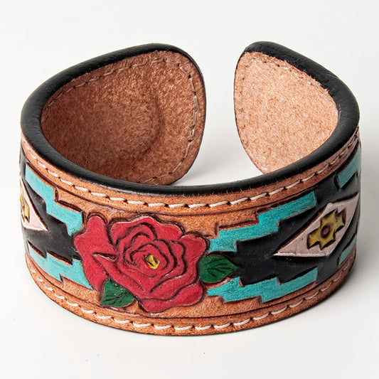 LC-ADBRF165 Red Rose & Southwestern Motif Tooled Leather Cuff Bracelet - Western Artisan Jewelry
