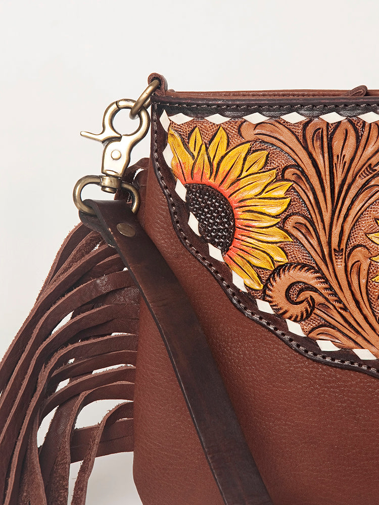 LC-ADBGA156 Tooled Leather Crossbody with Fringe Western Brown Shoulder Bag