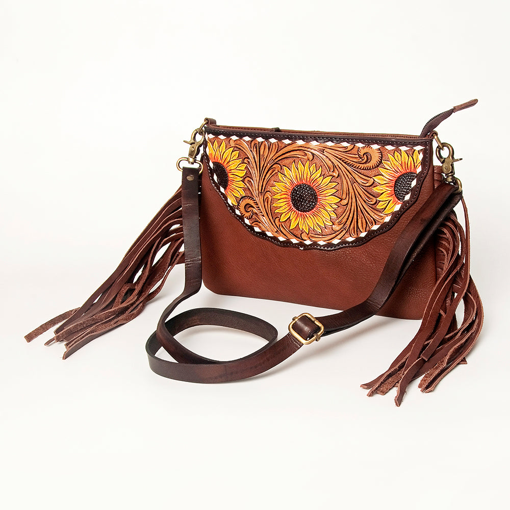 LC-ADBGA156 Tooled Leather Crossbody with Fringe Western Brown Shoulder Bag