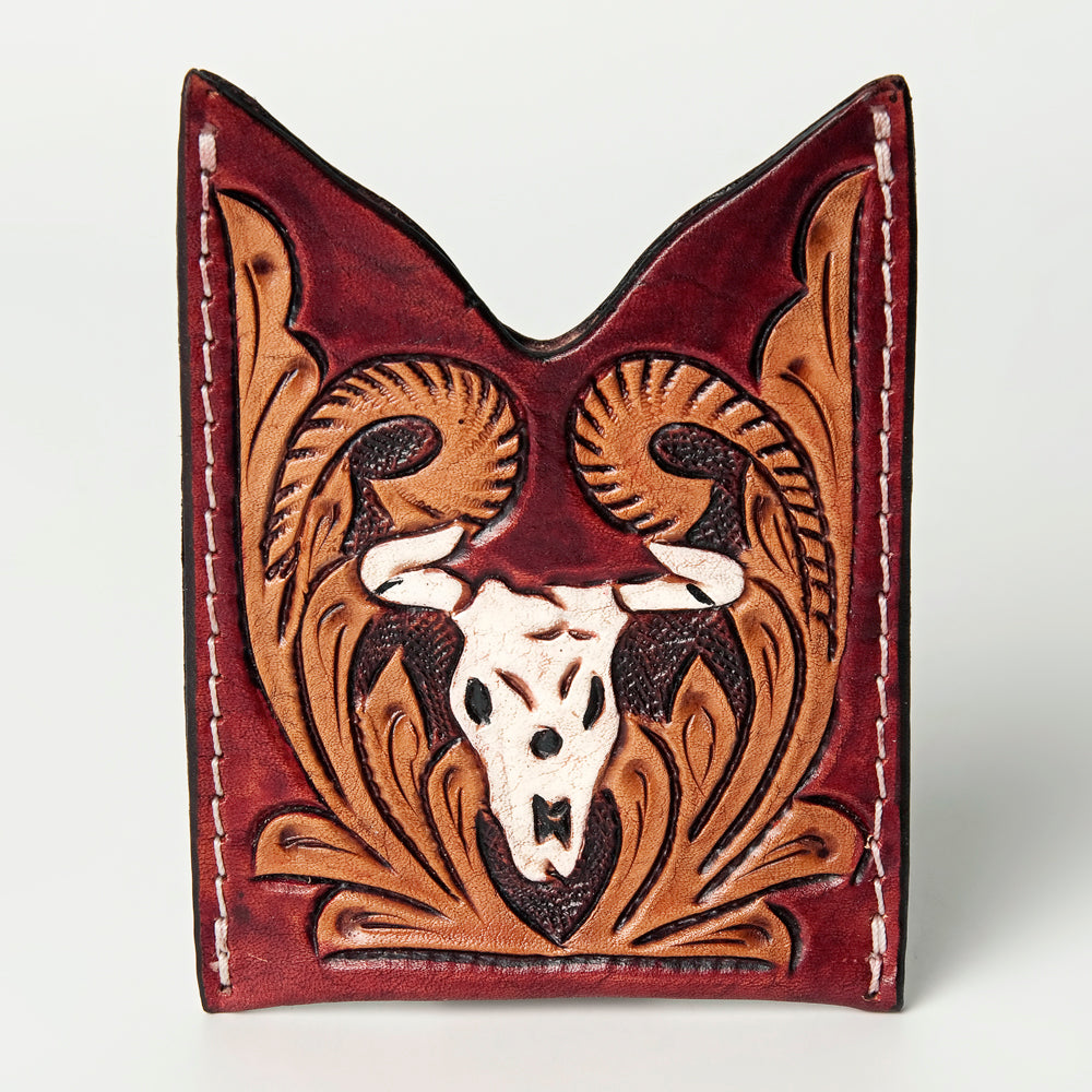 ADCCF106 Hand-Tooled Leather Card Holder - Western Bull Skull & Floral Design