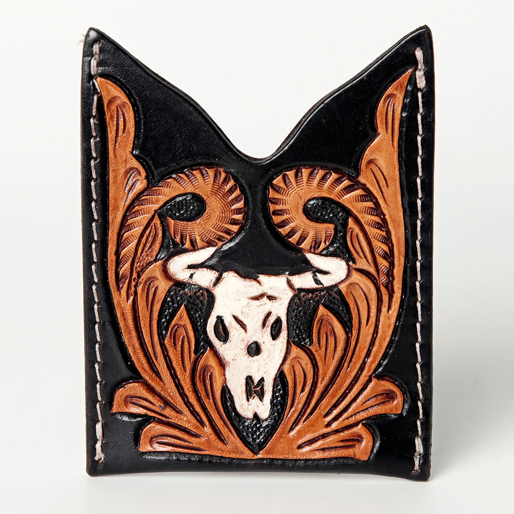 ADCCF107 Hand-Tooled Leather Card Holder - Western Bull Skull & Floral Design