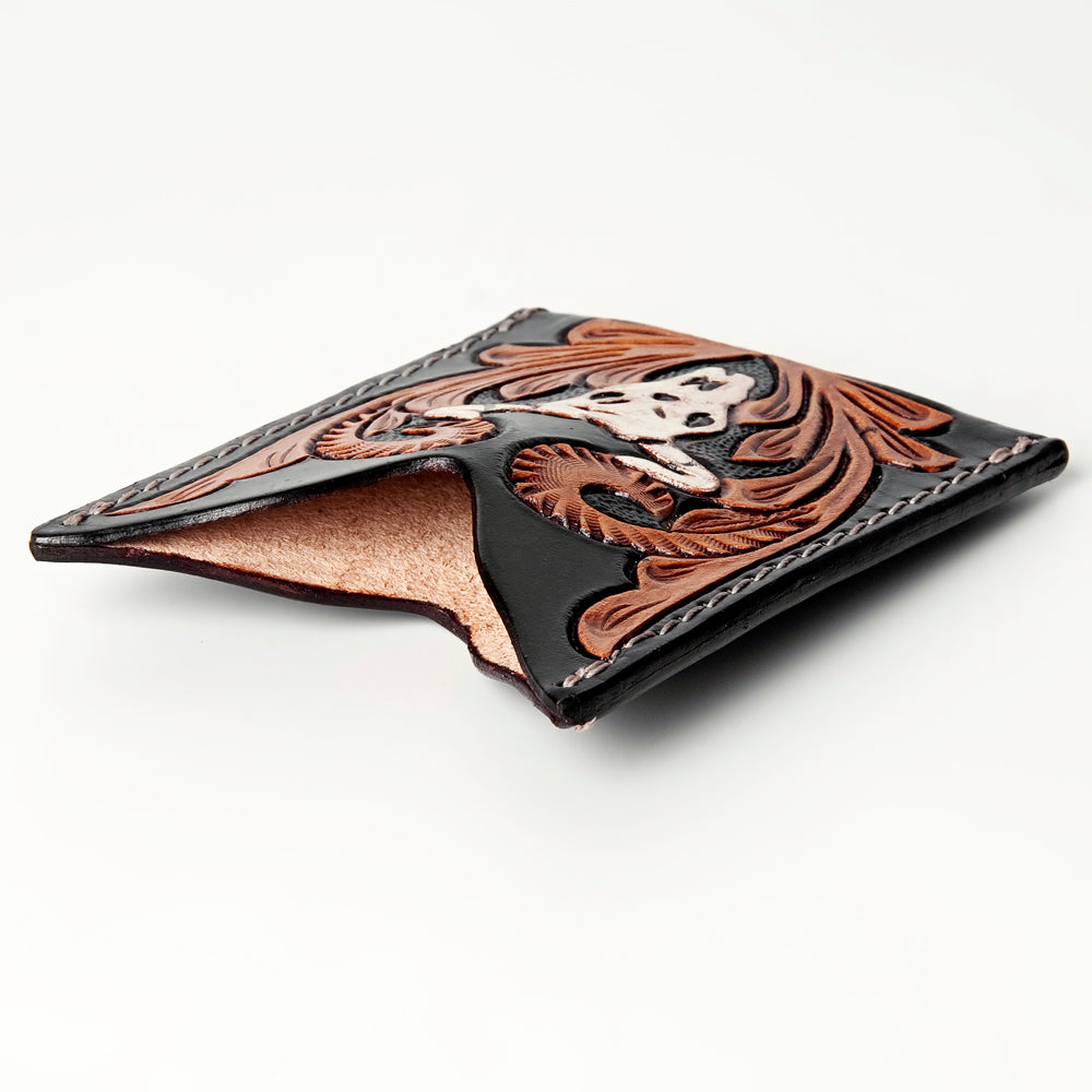 ADCCF107 Hand-Tooled Leather Card Holder - Western Bull Skull & Floral Design