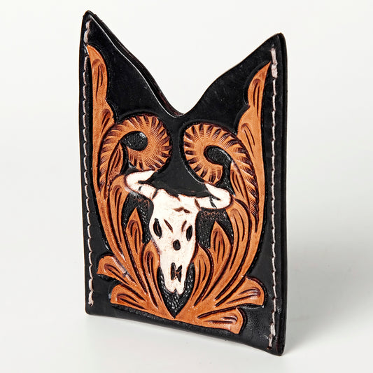 ADCCF107 Hand-Tooled Leather Card Holder - Western Bull Skull & Floral Design