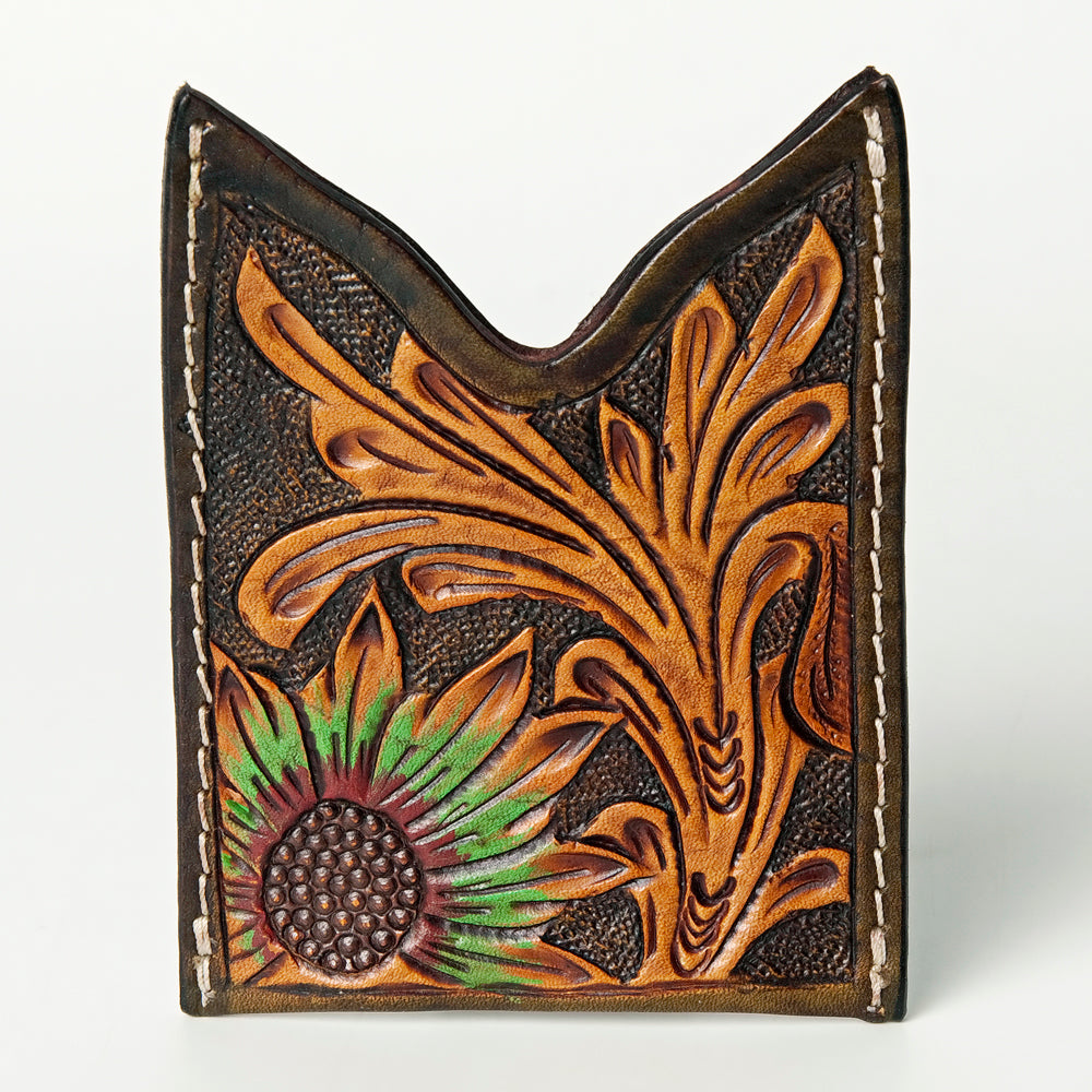 ADCCF108 Hand-Tooled Leather Card Holder - Sunflower & Western Floral Design