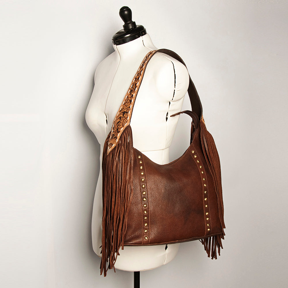 LC-ADBGA217 American Darling Hobo Bag Dark Brown Leather with Tooled Strap, Fringe & Brass Studs