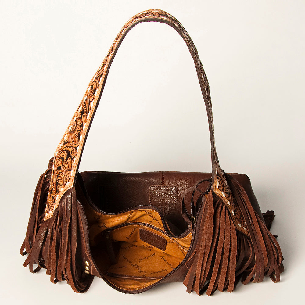 LC-ADBGA217 American Darling Hobo Bag Dark Brown Leather with Tooled Strap, Fringe & Brass Studs