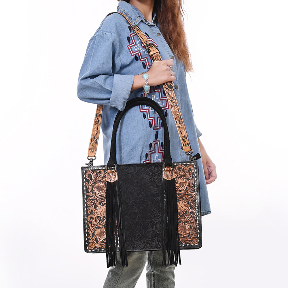 ADBG230DM1 Hand Tooled Leather Tote Bag with Black Center & Natural Floral Tooled Accents