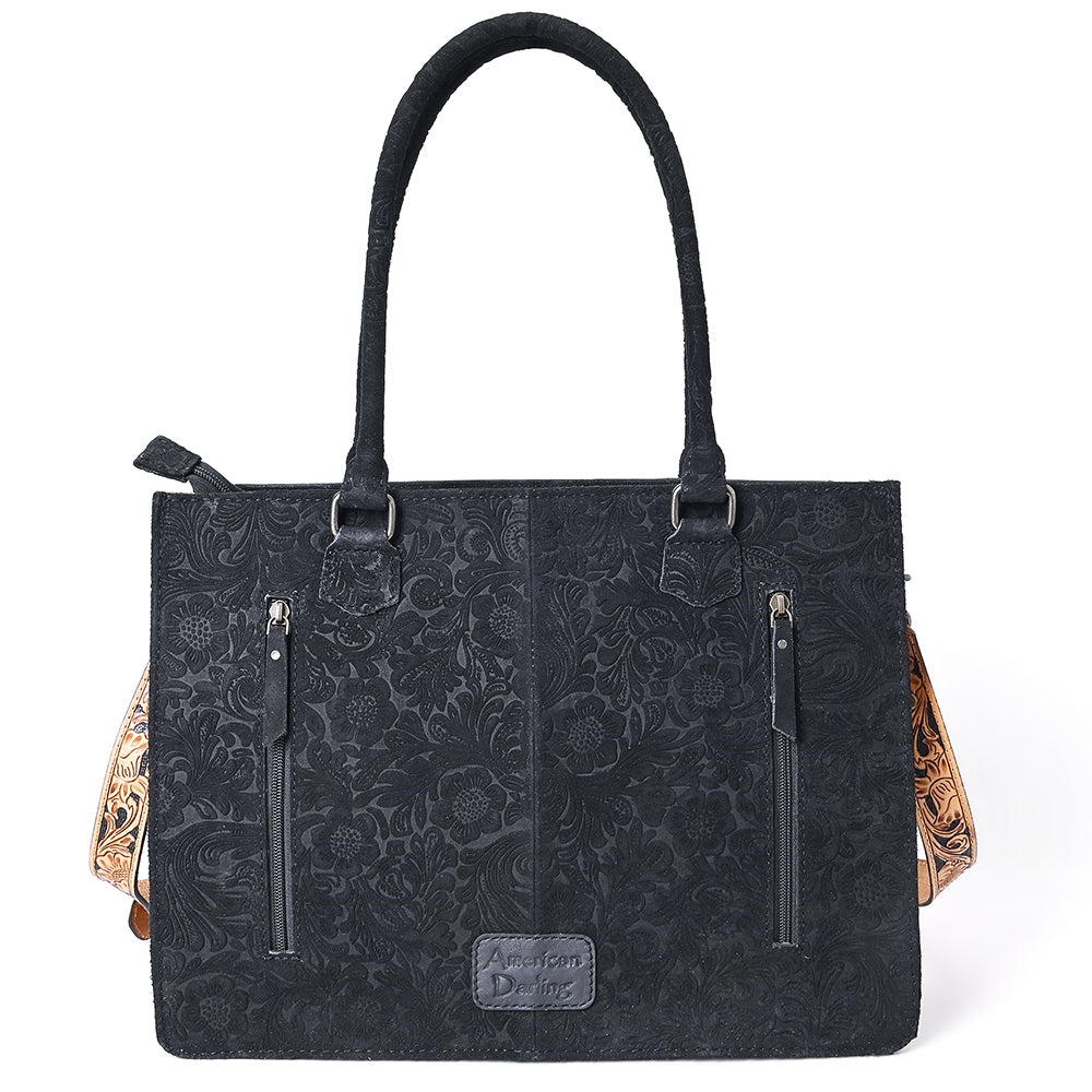 ADBG230DM1 Hand Tooled Leather Tote Bag with Black Center & Natural Floral Tooled Accents