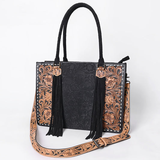 ADBG230DM1 Hand Tooled Leather Tote Bag with Black Center & Natural Floral Tooled Accents