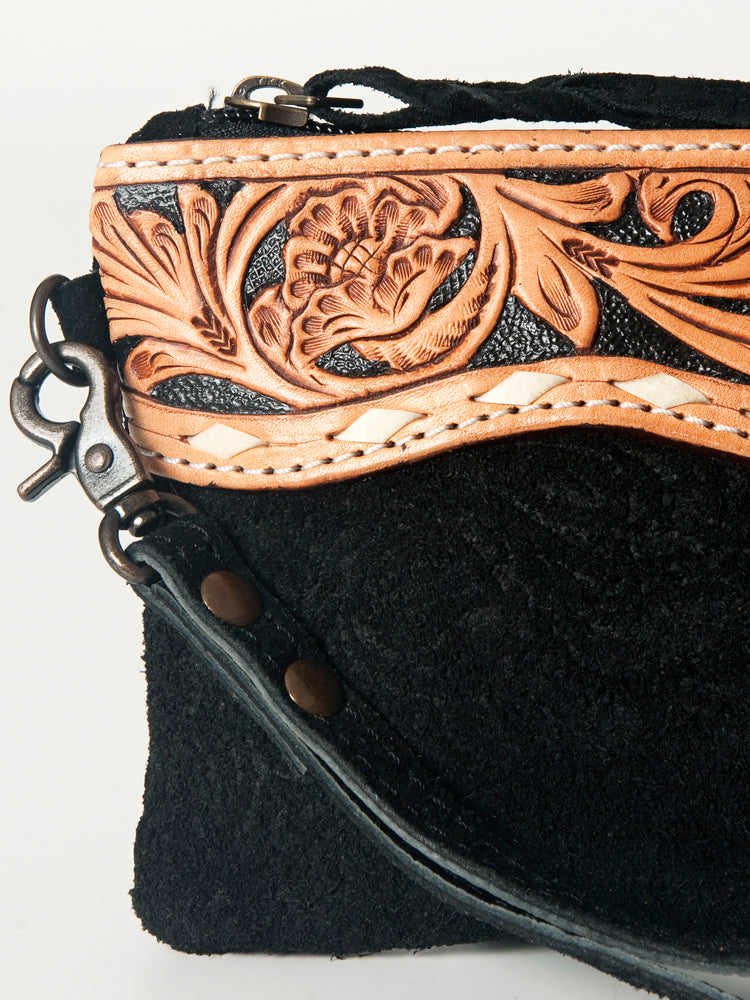 ADBG344 Embossed Leather Wristlet Western Fringe Clutch with Tooled Floral Design