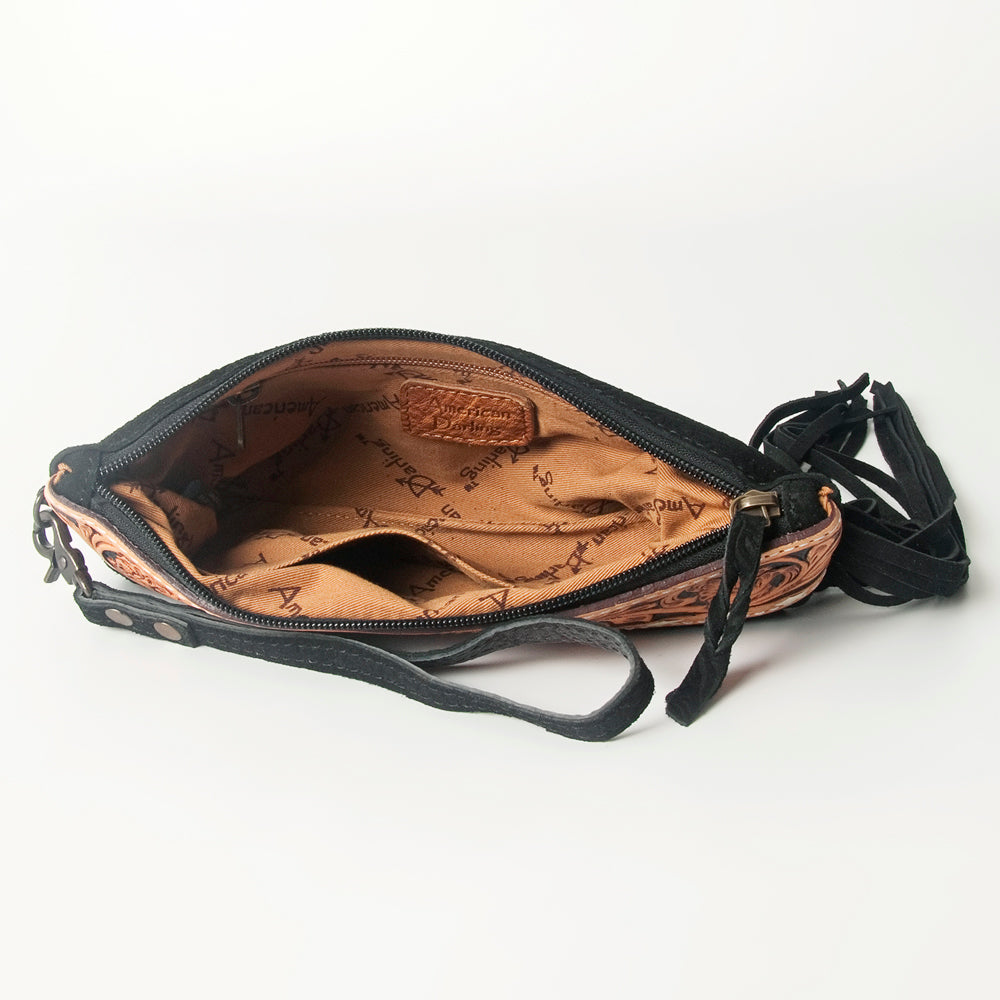 ADBG344 Embossed Leather Wristlet Western Fringe Clutch with Tooled Floral Design