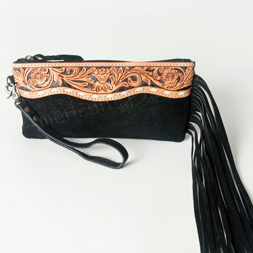 ADBG344 Embossed Leather Wristlet Western Fringe Clutch with Tooled Floral Design