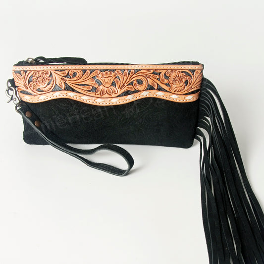 ADBG344 Embossed Leather Wristlet Western Fringe Clutch with Tooled Floral Design