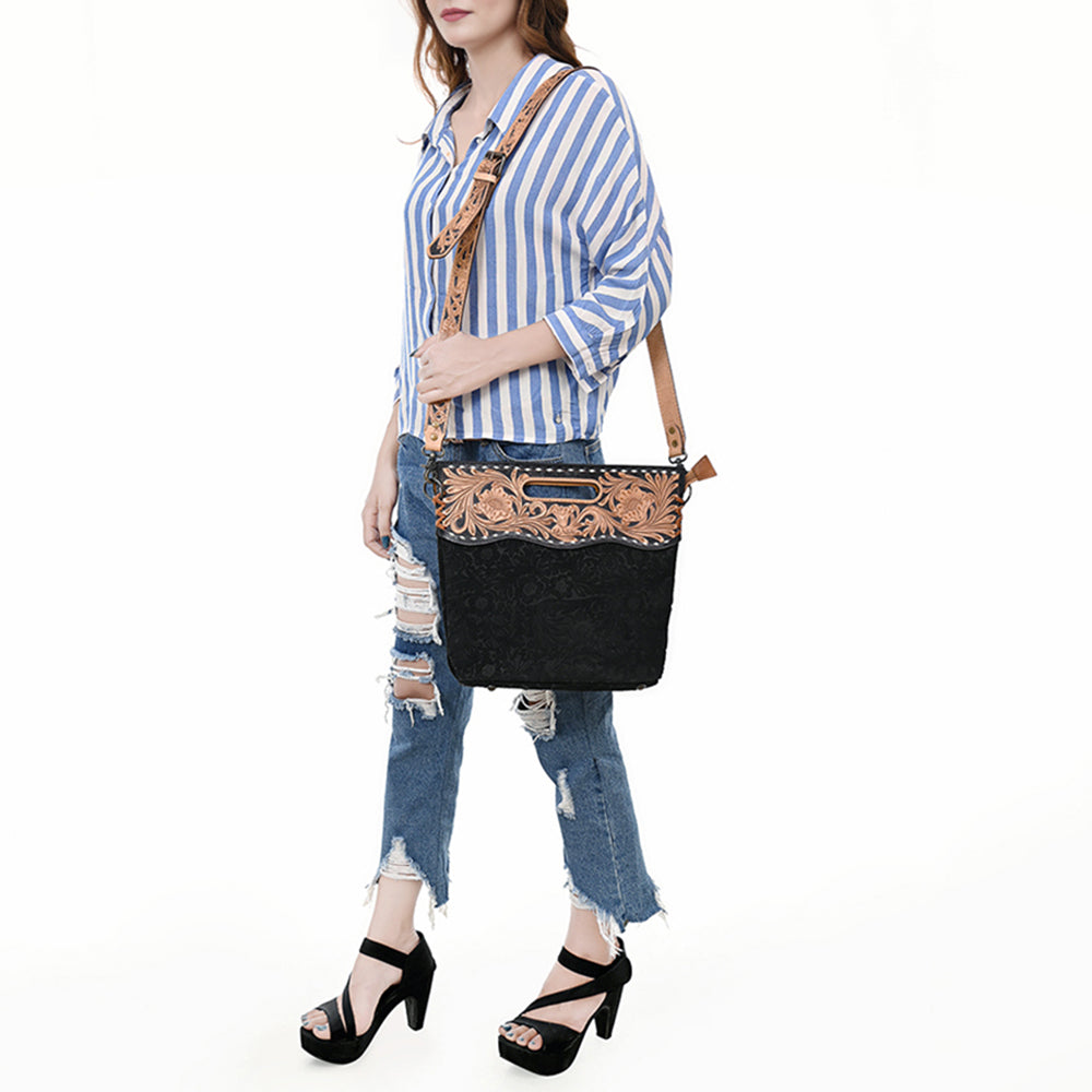 LC-ADBGS145 Tooled Leather & Embossed Black Western Clutch - Convertible Bag with Strap and Handle