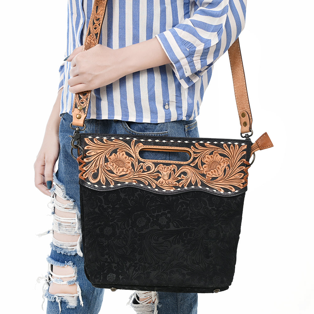 LC-ADBGS145 Tooled Leather & Embossed Black Western Clutch - Convertible Bag with Strap and Handle