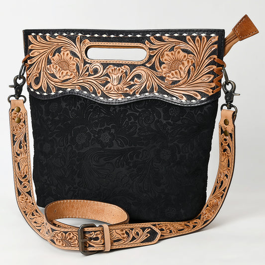 LC-ADBGS145 Tooled Leather & Embossed Black Western Clutch - Convertible Bag with Strap and Handle