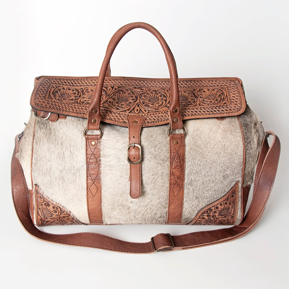 ADBG516 Large Cowhide and Tooled Leather Travel Duffle Bag Sage