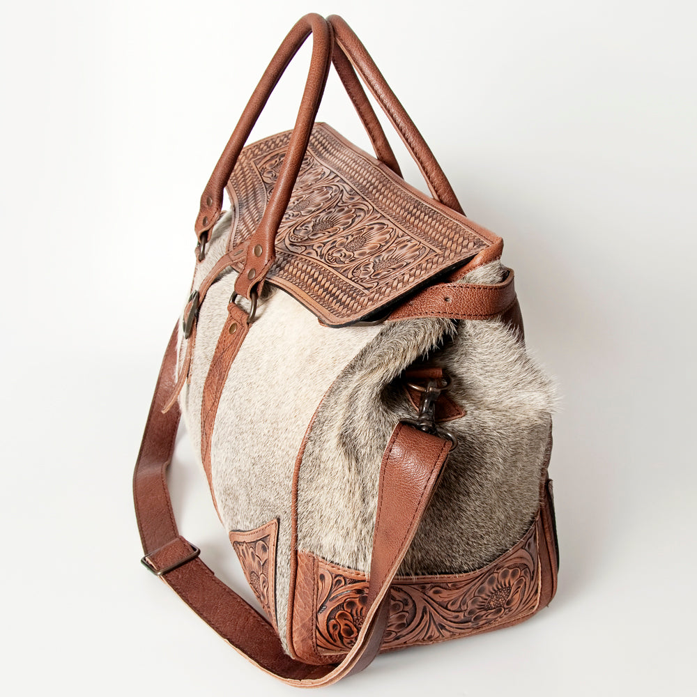 ADBG516 Large Cowhide and Tooled Leather Travel Duffle Bag Sage