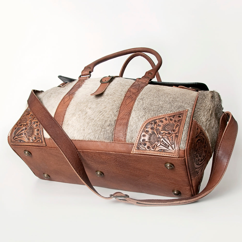 ADBG516 Large Cowhide and Tooled Leather Travel Duffle Bag Sage