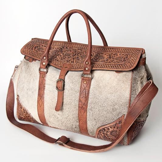 ADBG516 Large Cowhide and Tooled Leather Travel Duffle Bag Sage