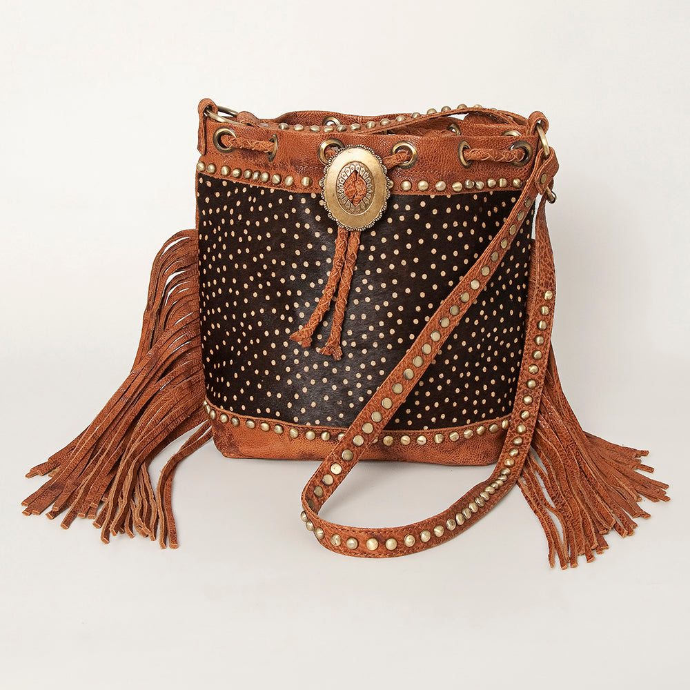 ADBGI102 Studded Leather Fringe Crossbody Bucket Bag - Western Cowhide Style