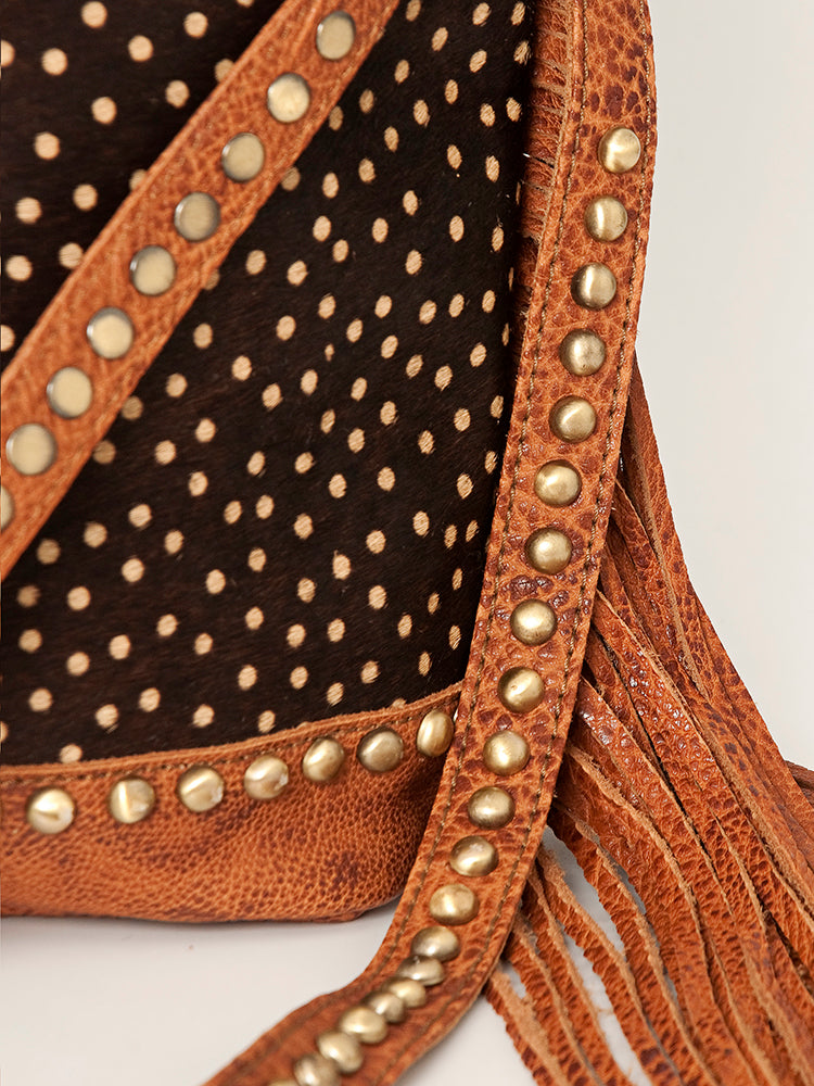ADBGI102 Studded Leather Fringe Crossbody Bucket Bag - Western Cowhide Style