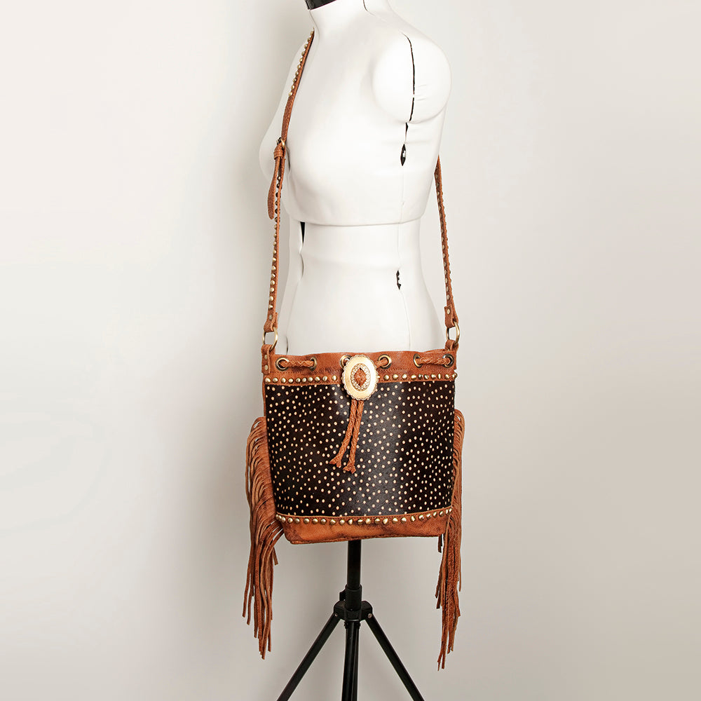 ADBGI102 Studded Leather Fringe Crossbody Bucket Bag - Western Cowhide Style