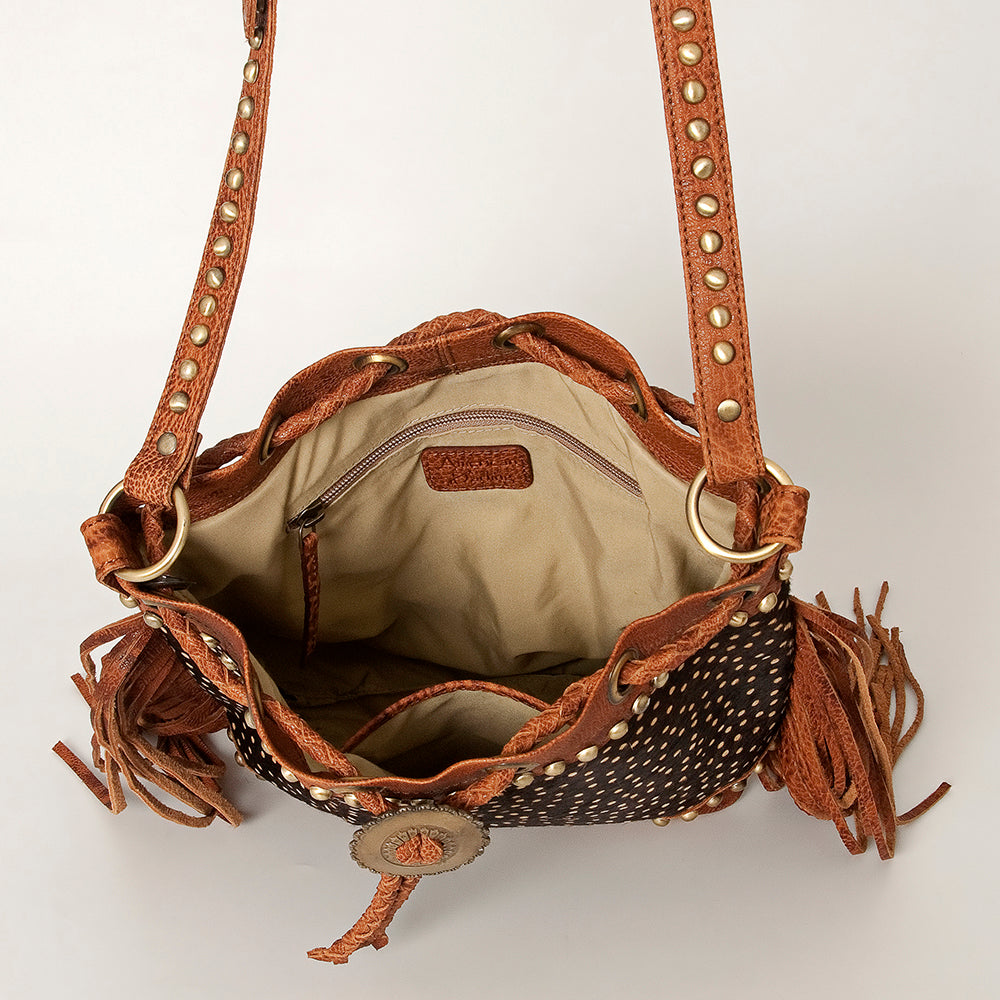 ADBGI102 Studded Leather Fringe Crossbody Bucket Bag - Western Cowhide Style